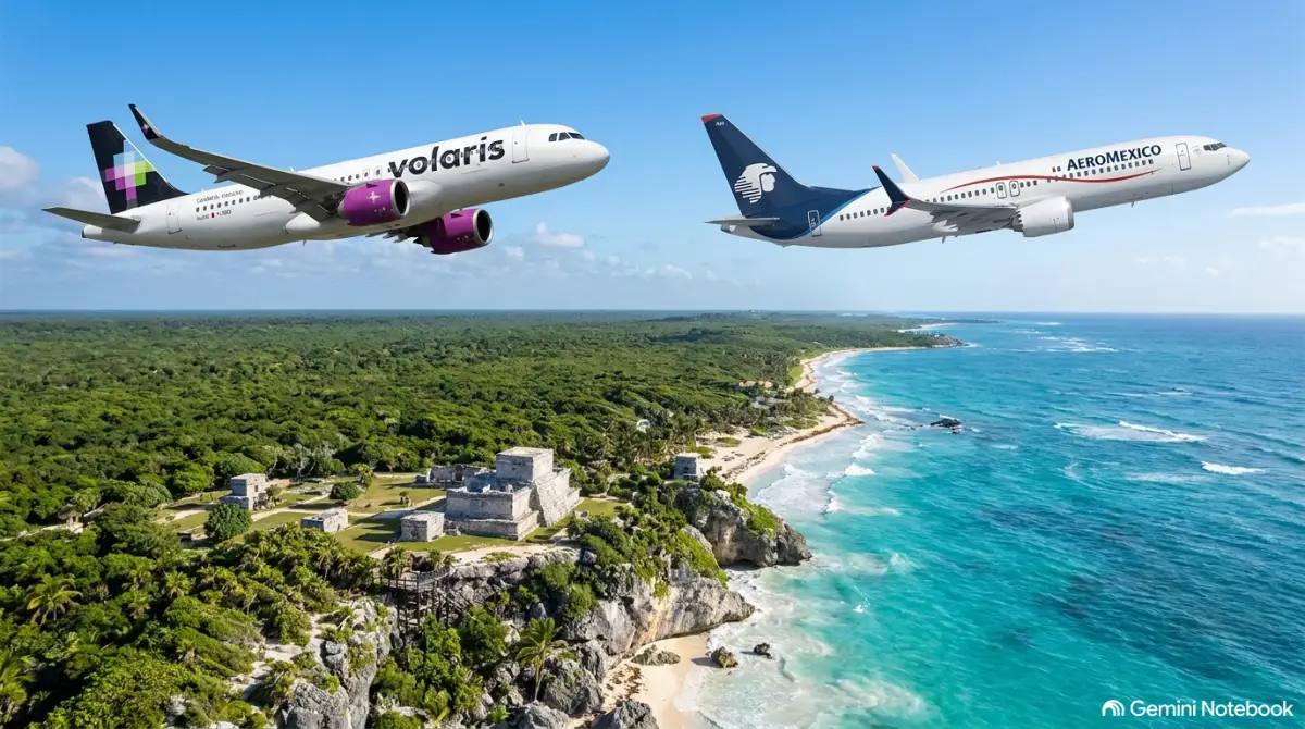 Un avión de Volaris y otro de Aeroméxico sobrevuelan el Parque Jaguar en Tulum.