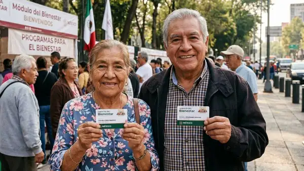 Dos adultos  mayores sosteniendo una tarjeta de la Pensión del Bienestar.