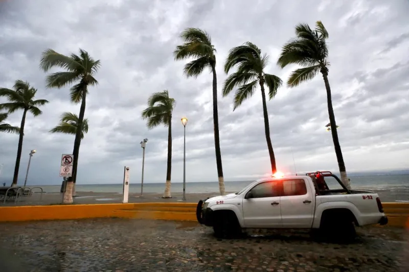 Viento de huracán sopla sobre palmeras junto a camioneta estacionada.