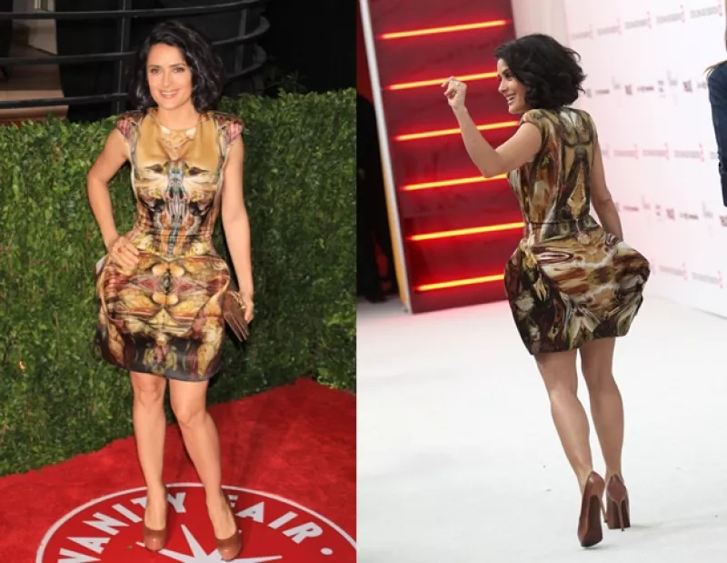 En las fiestas posteriores a los Oscar, la actriz mexicana usó un excéntrico modelo de la colección Primavera 2010 del fallecido diseñador.
