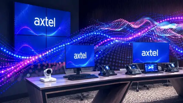 Un cuarto con computadoras en sus pantallas con el logo de Axtel. 