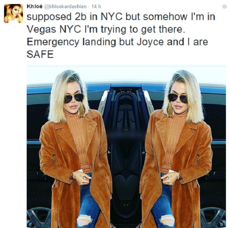 "Debería estar en Nueva York, pero de alguna manera he acabado en Las Vegas. NY, estoy intentando llegar allí. Hemos tenido un aterrizaje de emergencia, pero Joyce y yo estamos bien", tuiteó Khloé.