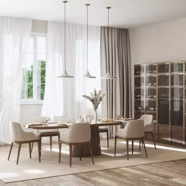 Modern Dining Room With Dining Table, Chairs, Wine Cabinet And Flying Curtains