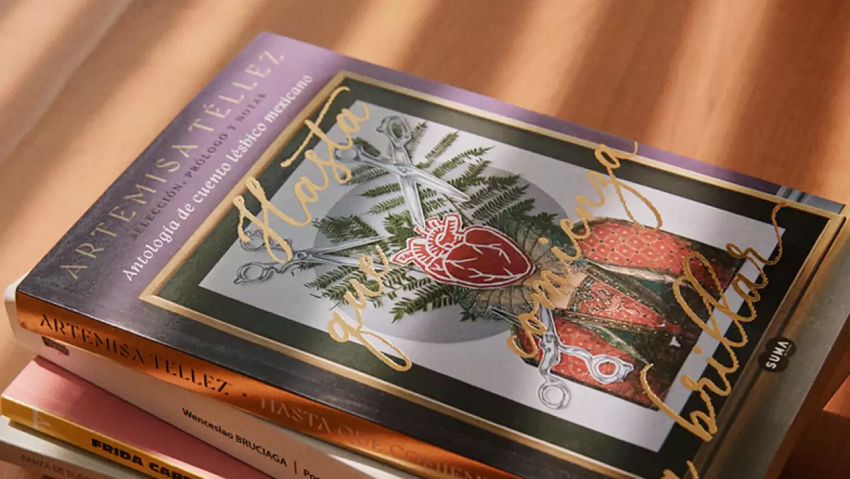 Foto de una pila de libros y en la parte superior 'Hasta que comienza a brillar' de Artemisa Téllez.