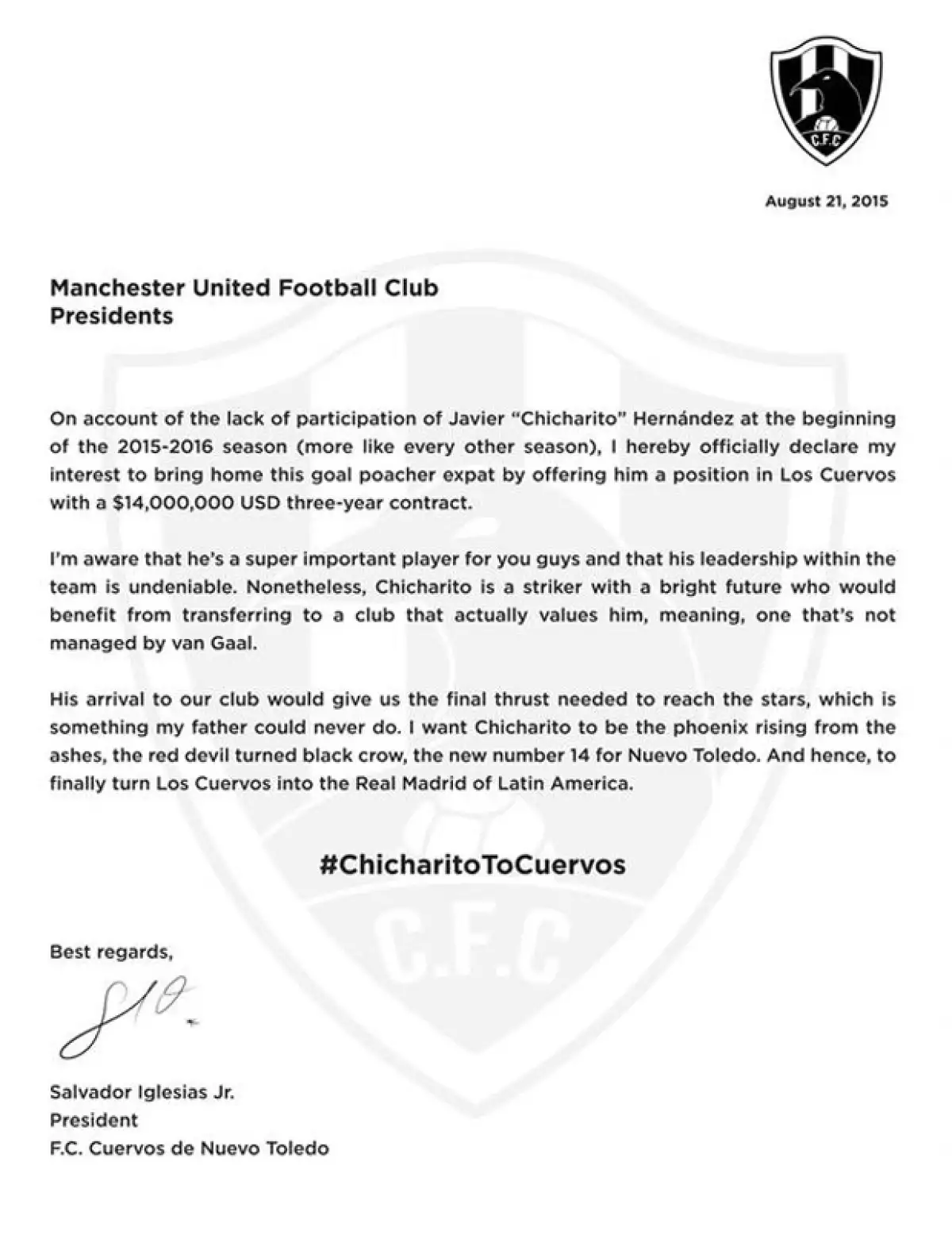 Comunicado que el equipo envía al jugadro Javier Hernández.