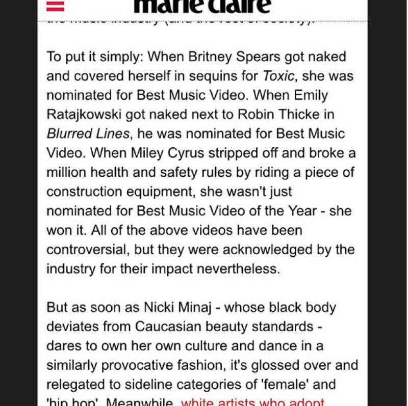 El texto que habla del racismo en la industria musical fue publicado por la revista Marie Caire y Nicki no dudo en compartirlo.