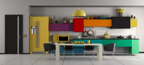 Colorful modern kitchen with table and chairs