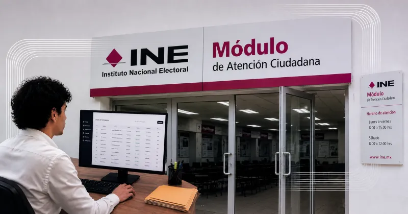 Joven de cabello chino y con camisa blanca frente a una computadora y a un módulo del INE con ventanales de cristal.png