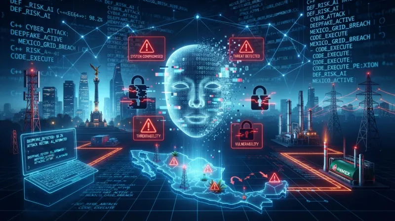 Imagen representativa de una IA que ejecuta ciberataques y vulnera infraestructura crítica en México, cuya silueta también está mostrada.