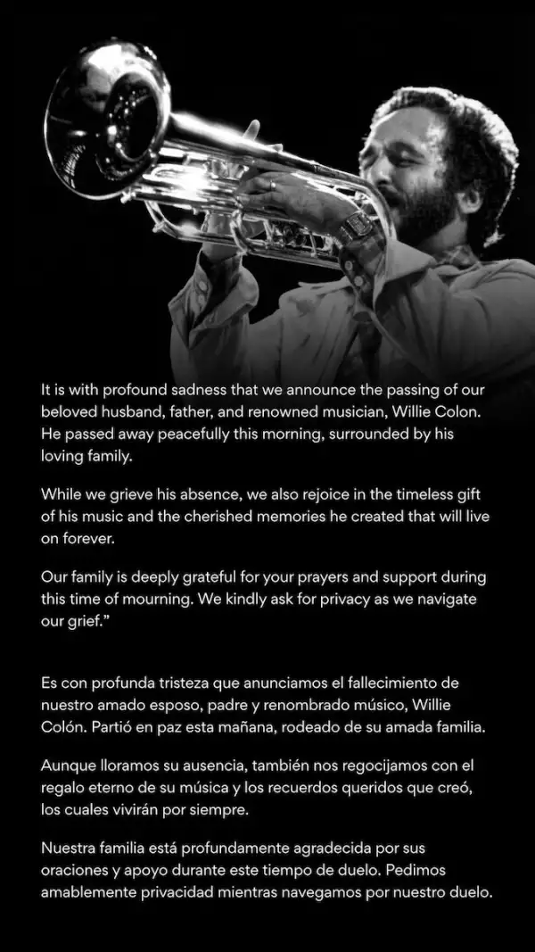 Muere Willie Colón pionero de la salsa a los 75 años