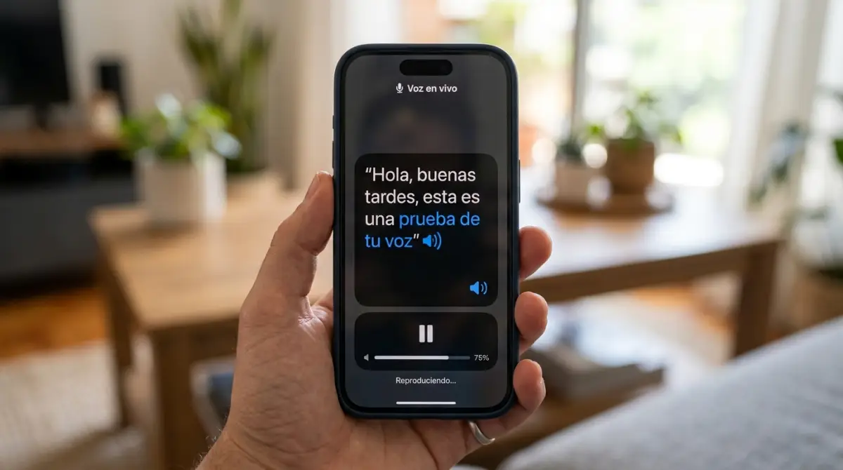 La imagen muestra la función de voz en vivo. Esta funciona para que el iPhone utilice la voz del usuario para responder en Face Time y otros medios.