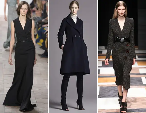 Muchas pasarelas implementaron vestidos con construcciones similares a la de los blazers. Algunos ejemplos se vieron en Michael Kors, CH Carolina Herrera y Salvatore Ferragamo.