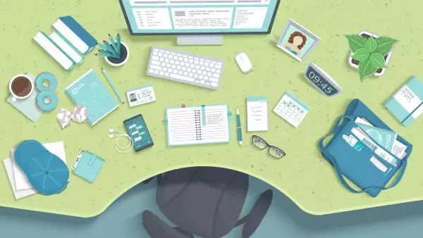 Table with recess, armchair, monitor, planner, books, headphones, phone, coffee, photo, donut, bag, pot, cap. Modern and stylish workplace. Vector background Top view