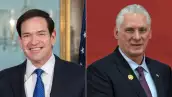 Esta combinación de imágenes creadas el 11 de enero de 2026 muestra al Secretario de Estado de los Estados Unidos, Marco Rubio, durante una reunión con el Ministro de Relaciones Exteriores belga Maxime Prevot, en la Sala de Tratados del Departamento de Estado de los Estados Unidos en Washington, DC, el 6 de enero de 2026; y al presidente de Cuba, Miguel Díaz-Canel, durante la apertura de la XXIV Cumbre ALBA-TCP en Caracas el 14 de diciembre de 2024.