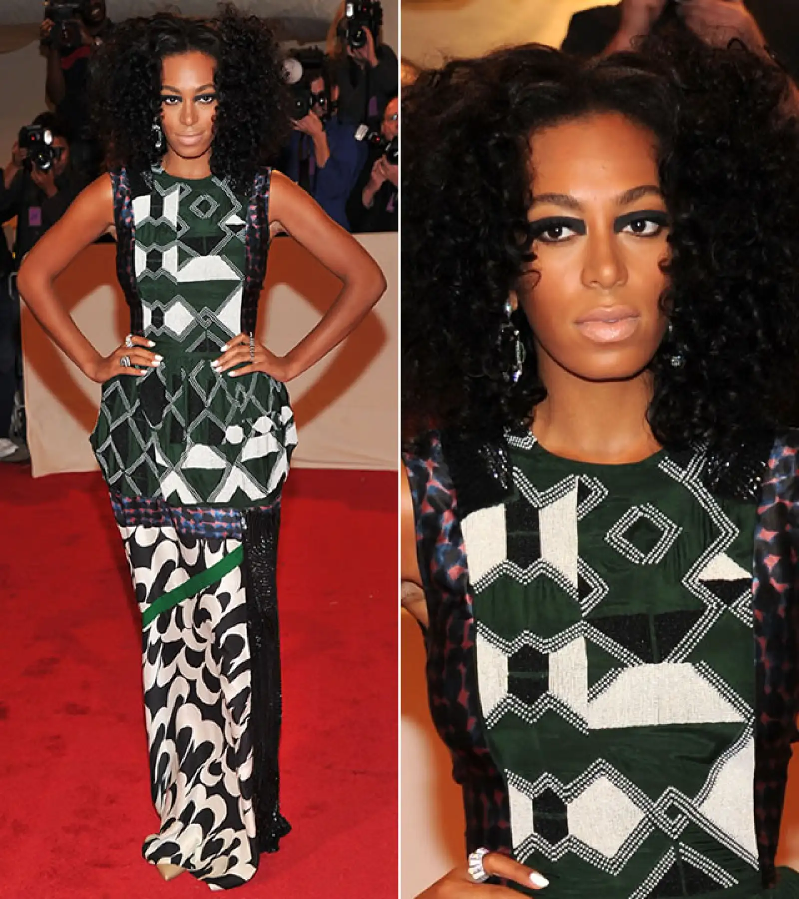 Met Gala 2011: Solange llevó un vestido de Gries Van Noten otoño 2011, el cuál complementó con su ya famoso afro, nude lips y un delineado drástico en negro.