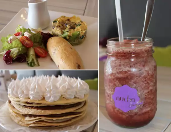 Omelette Nucha, alfajor gigante y frappe de fruta natural
