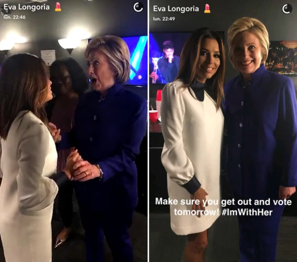 Eva ofreció un discurso en apoyo a Hillary Clinton, con quien más tarde se reunió.