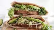 Foto de un panini visto de cerca, relleno de germen de alfalfa, aguacate y hongos.