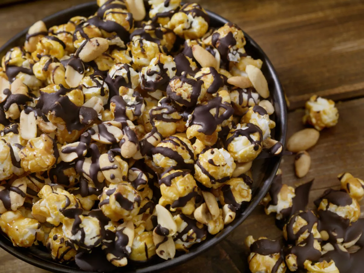 Chocolate Caramel Popcorn with Peanuts