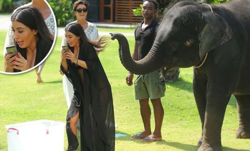 Kim tomándose un "selfie" con el elefante.