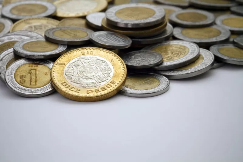 Ten Mexican Peso Coin Spot Lit Among Other Pesos dinero economia monedas divisas