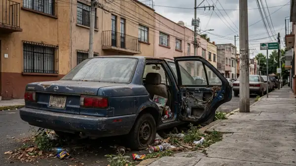 Tsuru abandonado en las calles de la Ciudad de México. Lois vehículos que acumulan basura y residuos tóxicos para la comunidad pueden ser reportados ante las alcaldías para retirarlos.
