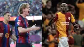 Composición con jugadores del Barcelona y del Galatasaray durante partidos de futbol, vestidos con los uniformes de ambos clubes.