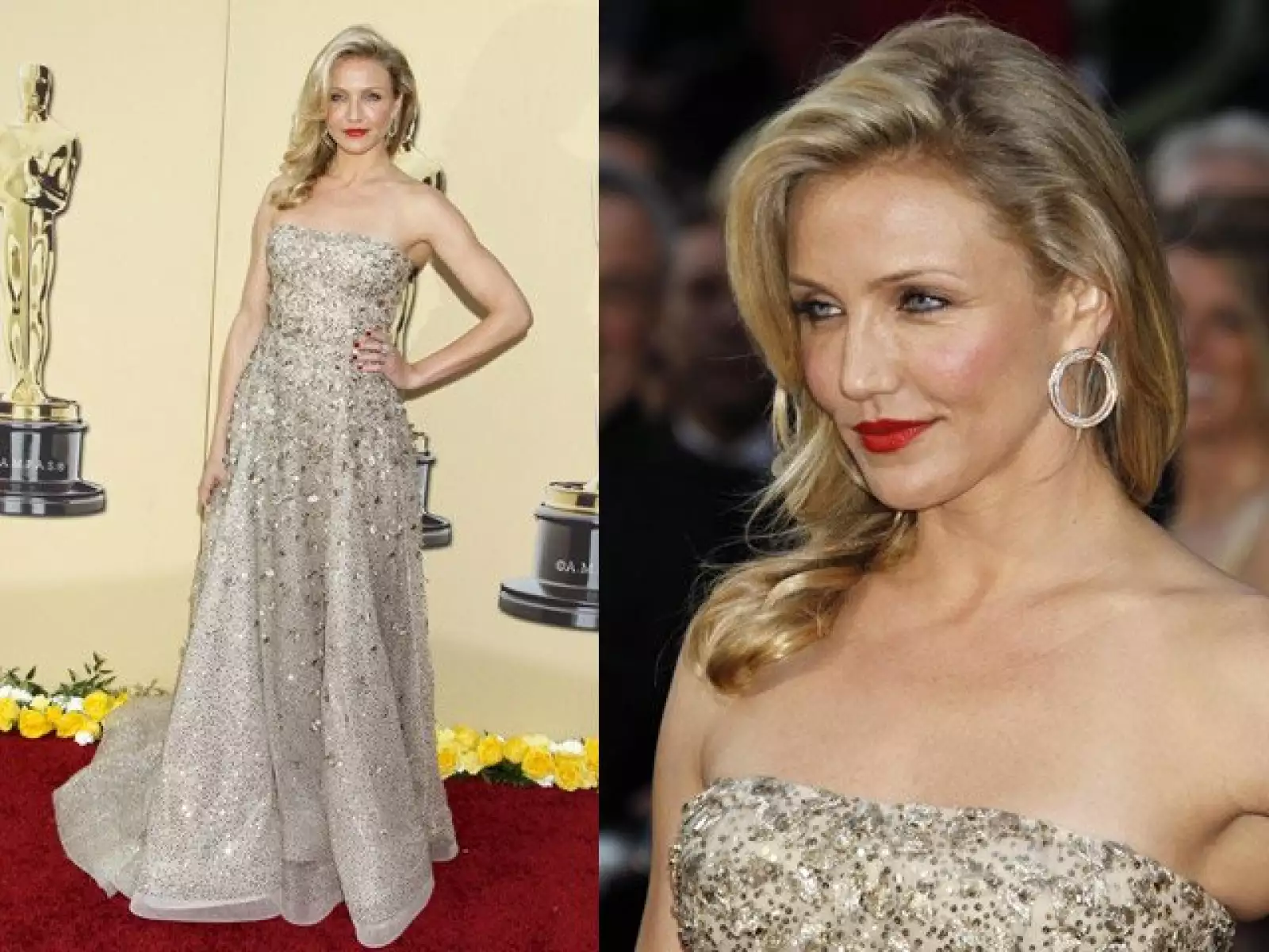 Cameron Diaz, simplemente espectacular en un vestido strapless color champaña de Oscar de la Renta. El anillo de oro blanco y diamante es de la colección privada de Cartier.
