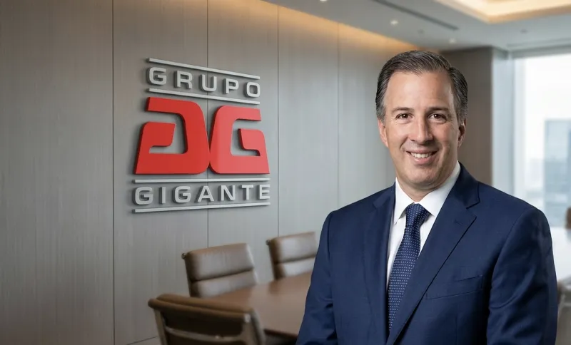 José Antonio Meade vestido con un traje azul al lado del logo de grupo Gigante.