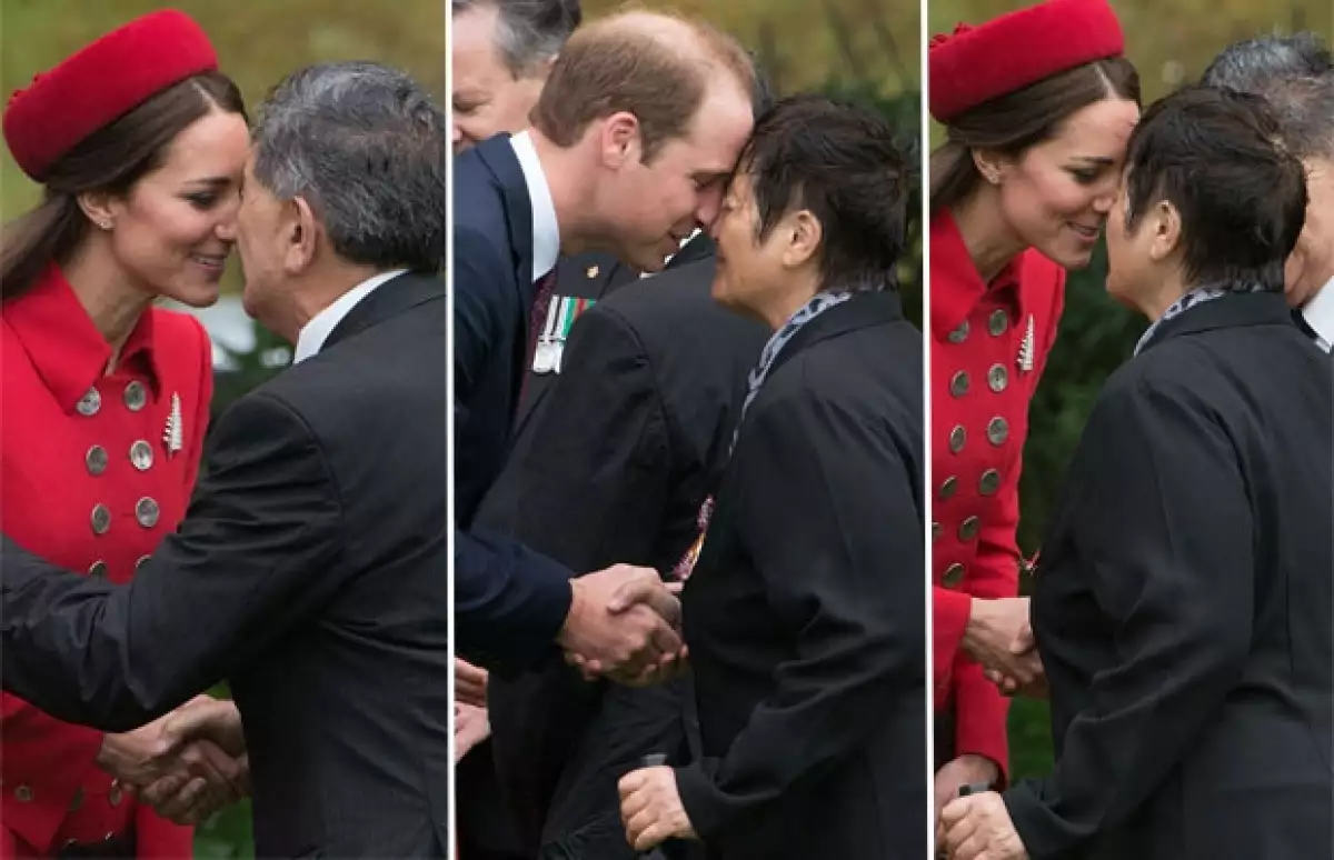 Kate y Guillermo fueron recibidos con el tradicional desafío maorí de parte de fornidos guerreros tatuados y frotaron su nariz con los ancianos de la etnia.