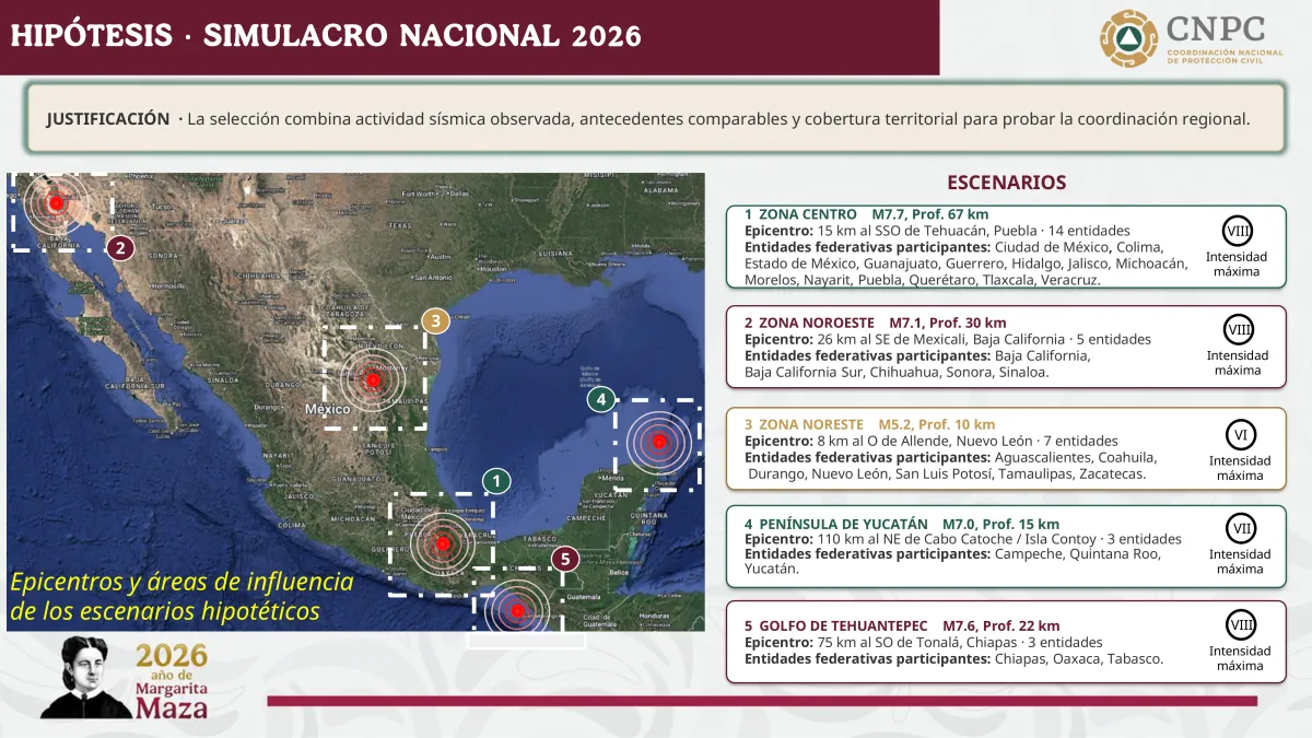 Mapa satelital de México con círculos donde se marcan los estados de Puebla, Baja California, Nuevo León y Yucatán.jpg