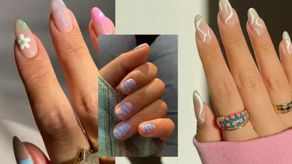 diseños de uñas con líneas curvas de colores