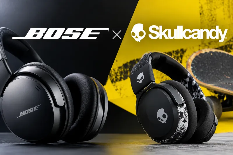 Ilustración de audífonos Bose y Skullcandy sobre un fondo negro y amarillo que representa la adquisición de Skullcandy por Bose.
