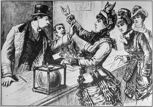 Grabado en madera de sufragistas tratando de votar en un colegio electoral de Nueva York durante las elecciones presidenciales, 1885.
