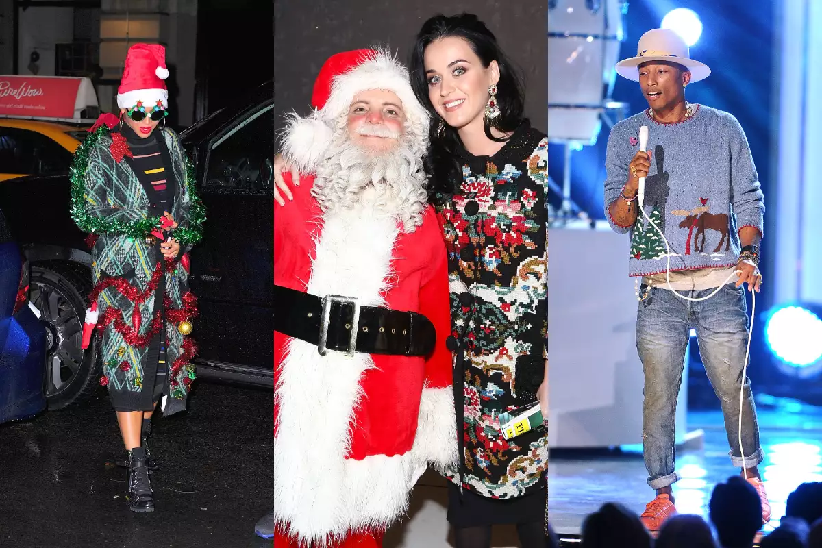 Foto collage de celebridades con suéter de navidad: Beyoncé (izq), Katy Perry abraza a un Santa Claus (centro), Pharrel Williams en concierto (der).