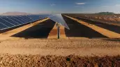 close up of solar power panels in desert