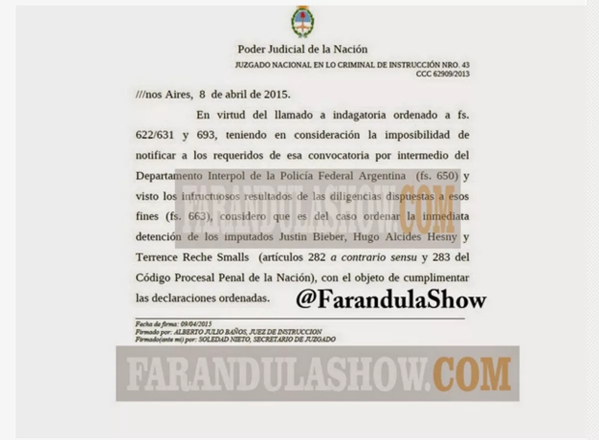 Esta es la orden de detención para Justin y sus guardaespaldas que el sitio publicó.