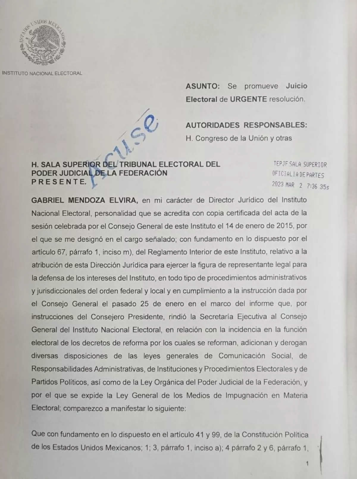 El INE presentó el recurso para juicio electoral a las 7:36 horas de este jueves 2 de marzo. 