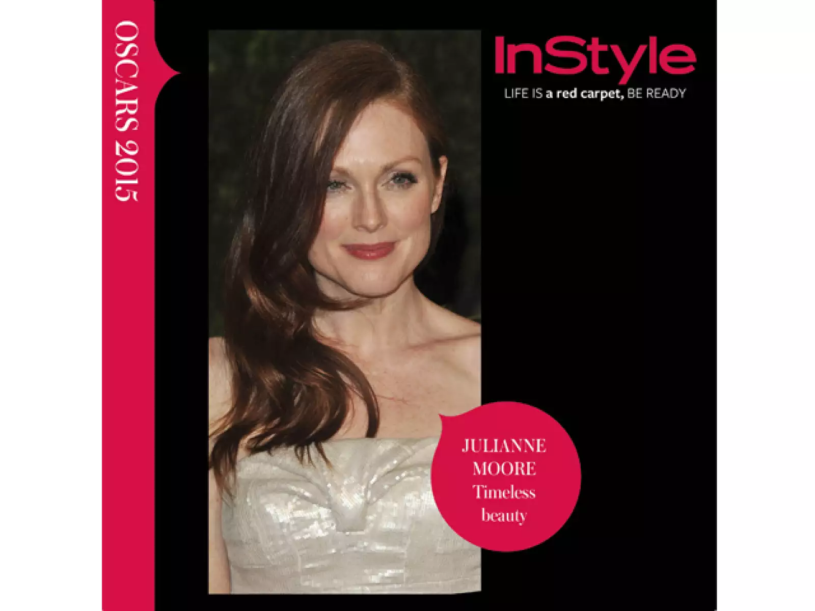 La actriz resaltó su tez blanca y pelo rojizo con un maquillaje en tonos frambuesa que la hacen ver joven y llena de luz.