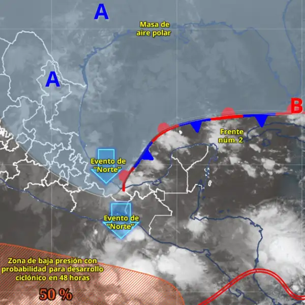 Mapa satelital de México en color gris con líneas rojas y azules que marcan fenómenos meteorológicos.jpg