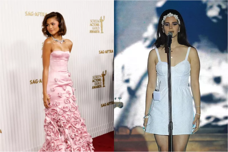 Fotos de Zendaya en un vestido rosa con flores y de Lana del Rey con vestido blanco y diadema de flores.