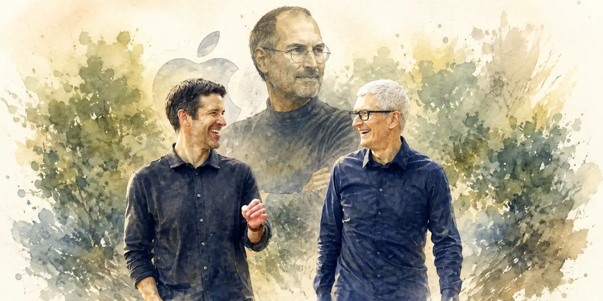Ilustración estilo acuarela en la que aparece John Ternus del lado izquierdo, Tim Cook del lado derecho y al fondo Steve Jobs.