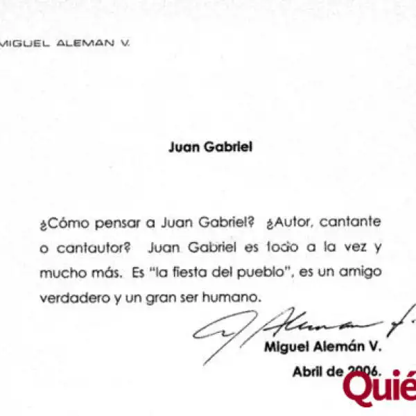 Carta de Miguel Aleman sobre Juan Gabriel, abril 2006