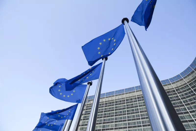European flags in front of the Berlaymont building in Brussels