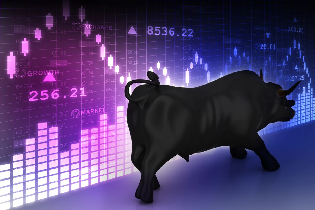 Rising black business bull in color background