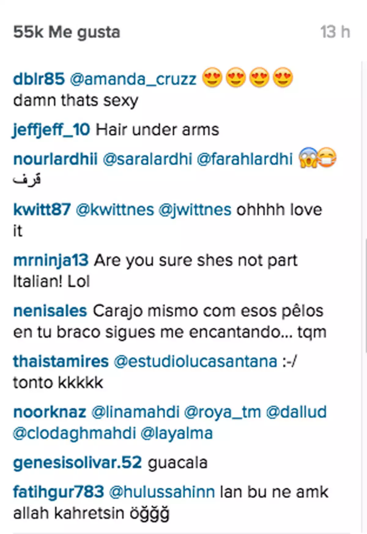 Algunos de los comentarios que escribieron sus seguidores, quienes halagaron su belleza y al mismo tiempo catalogaron dicha foto como "asquerosa" o "desagradable".