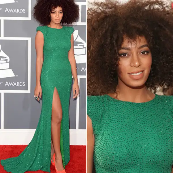 Grammys 2013: Causó sensación con este vestido color esmeralda de Ralph and Russo Couture. Llevó unos pumps en rosa coral para contrastar el look y un afro muy extremo.