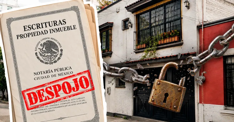 Vivienda con un cerrojo en alusión al problema de despojos en CDMX y unas escrituras, la principal herramienta para dar certeza jurídica. 