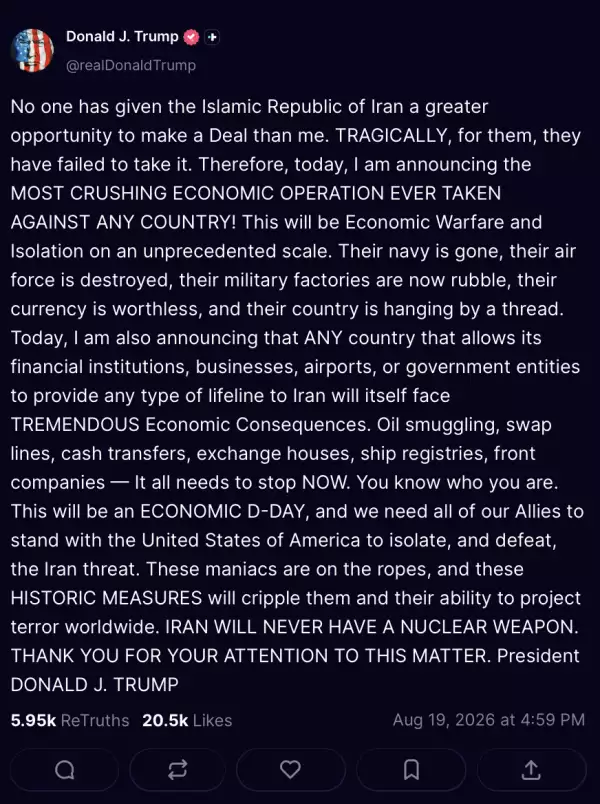 Captura de pantalla de una publicación de Trump en Truth Social donde amenaza más sanciones contra Irán.