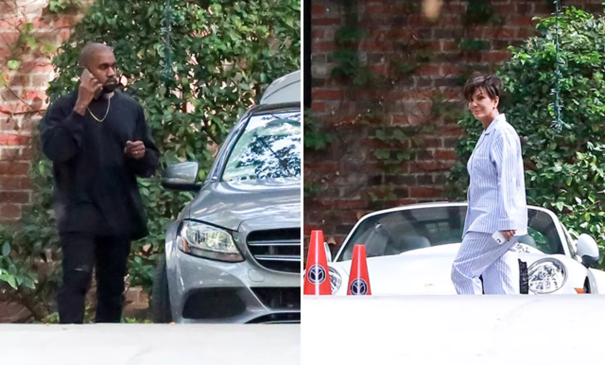 Kanye West fue visto afuera de la fiesta hablando por su celular. A la derecha está Kris Jenner, llegando al festejo de su hija.